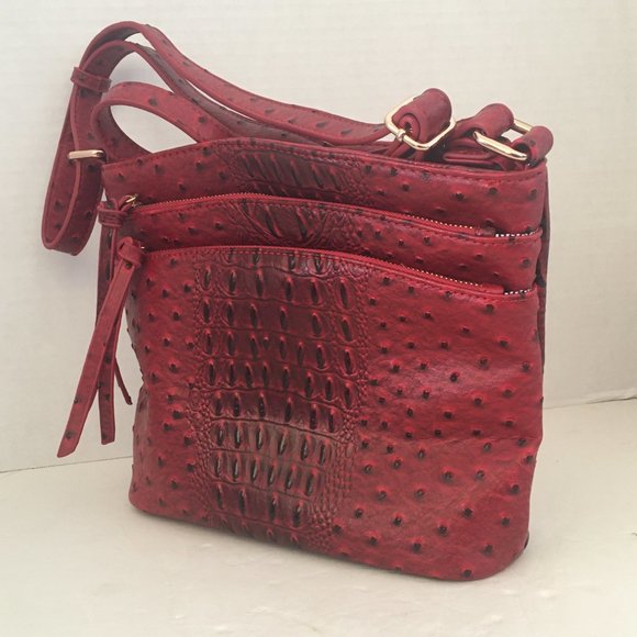 Red Croc Faux Leather Shoulder Bag Cross Body Shoulder Purse Cell Pocket Zipper - Picture 9 of 11
